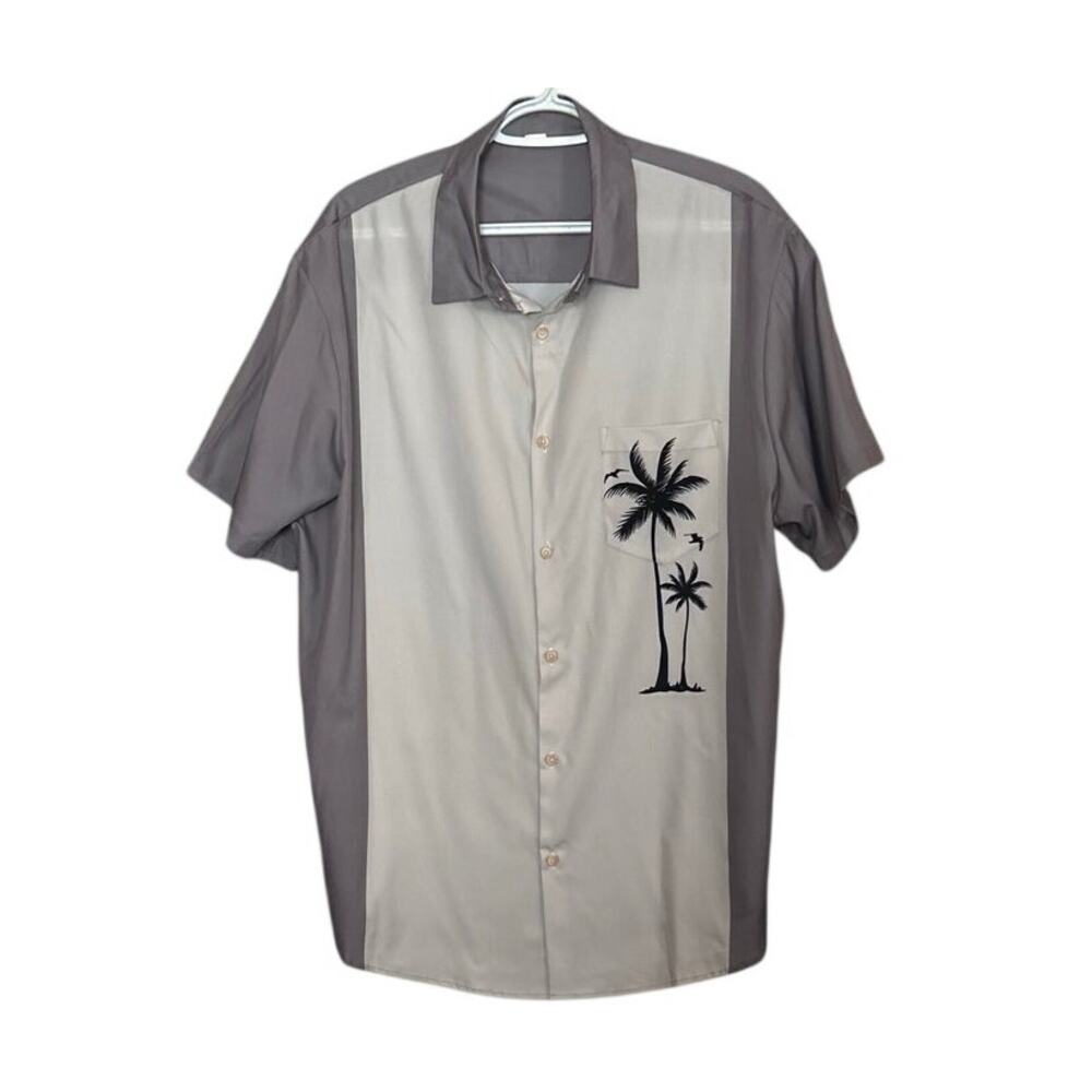 Men's Gray Beige Hawaiian Palm Tree Birds Short Sleeve‎ Bowling Shirt Size 2XL